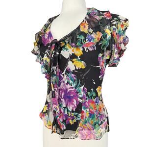 VTG Ralph Lauren Silk Blouse Floral Sheer Ruffle Petite M Resort Wear Tropical